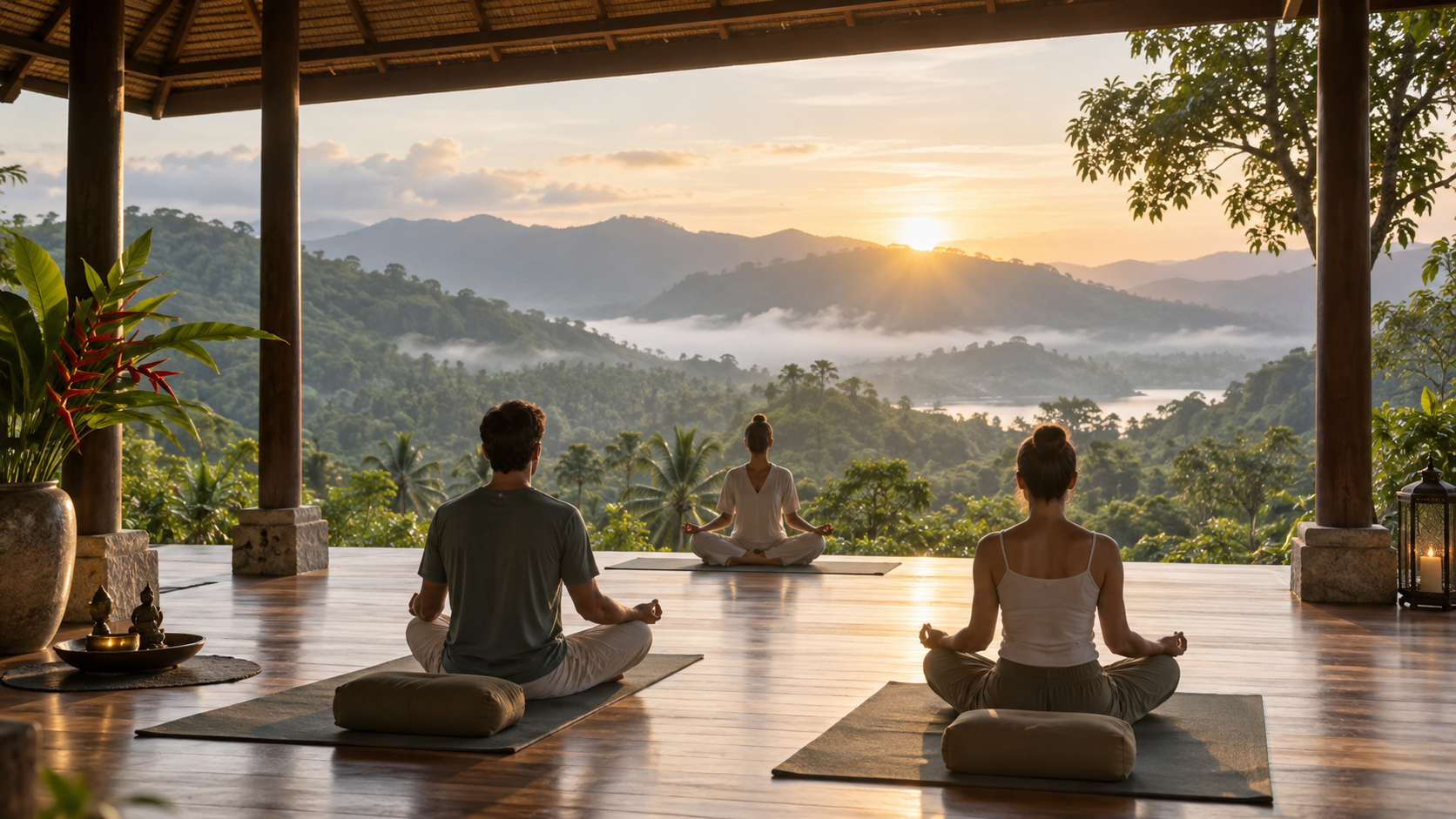 A peaceful meditation pavilion at sunrise